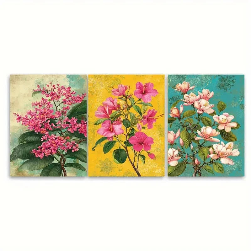 3pcs Bangladesh Travel Floral Illustration Wall Art Set Canvas Framed 60x90cm - High Quality Print 100% Australian Made Wall Canvas Ready to Hang - Bella Home Decor