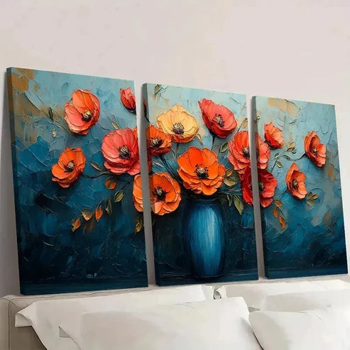 3pcs Red Orange poppies Artwork Wall Art Set Canvas Unframed - High Quality Print 100% Australian Made Wall Canvas - Bella Home Decor