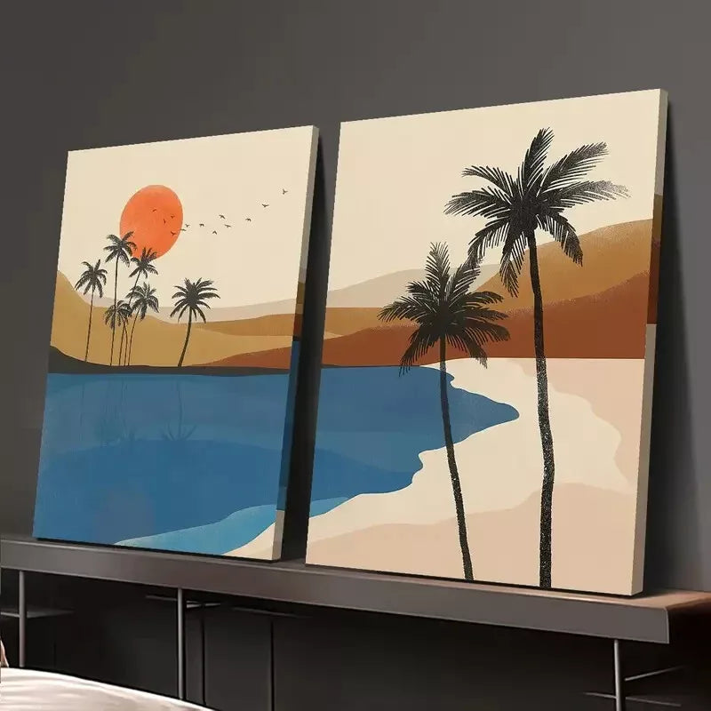 2pcs Sunset, Birds, Oasis Landscape, Desert, Palm Trees Canvas Framed 50x75cm - High Quality Print 100% Australian Made Wall Canvas Ready to Hang