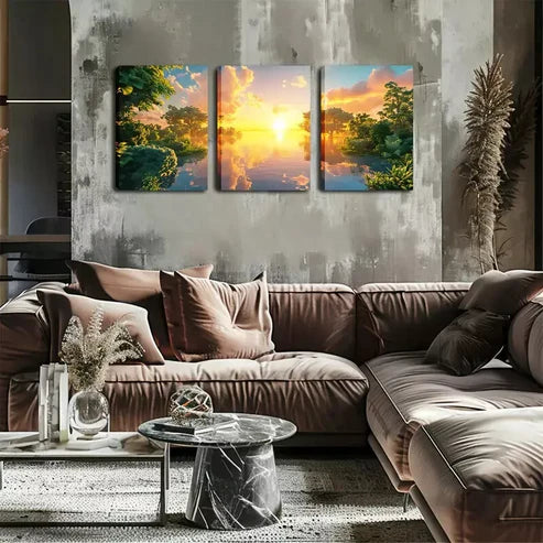 3pcs Oil On Canvas, Lake And Sunrise Wall Art Canvas Unframed - High Quality Print 100% Australian Made Wall Canvas