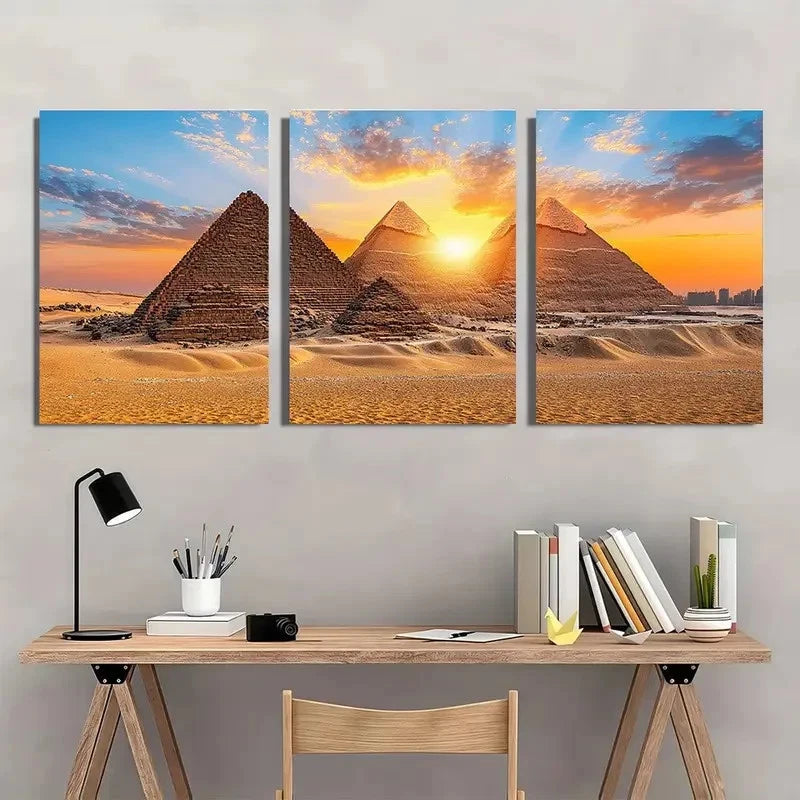 3pcs Pyramids of Giza Sunset Panoramic Wall Art Set Canvas Framed 60x90cm - High Quality Print 100% Australian Made Wall Canvas Ready to Hang