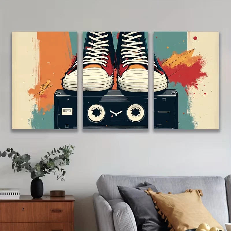 3pcs Vibrant Sneaker & Cassette Tape Metal Print Ready to Hang Art