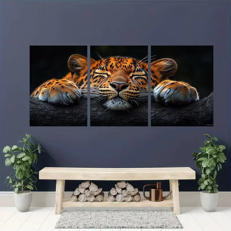 3pcs Featuring Adorable Sleeping Leopard Metal Print Ready to Hang Art