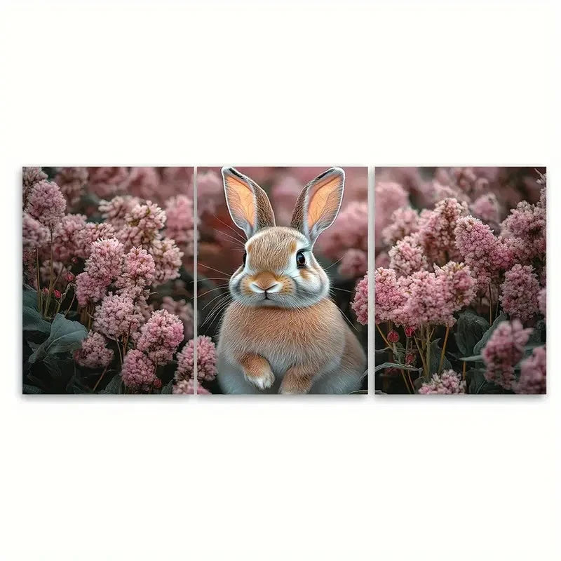 3pcs Pink Floral Bunny Illustration Wall Art Set Canvas Framed 60x90cm - High Quality Print 100% Australian Made Wall Canvas Ready to Hang - Bella Home Decor