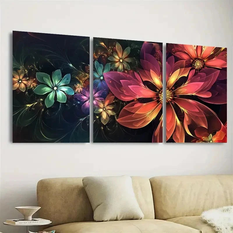 3pcs Vibrant Floral Fractal Wall Art Set Canvas Framed 50x70cm - High Quality Print 100% Australian Made Wall Canvas Ready to Hang