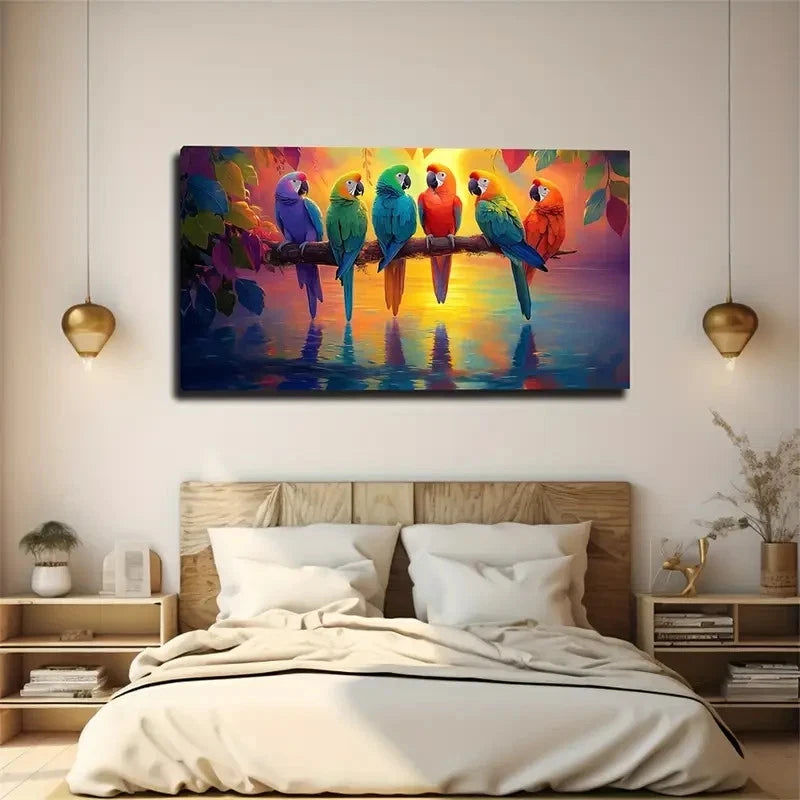 Textured Six Parrots Colourful Wall Art Canvas Office Home Room Framed 120x60cm