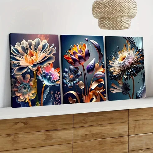 3pcs Modern Colourful Florals & Leaves Blue Gold Wall Art Canvas Unframed - High Quality Print 100% Australian Made Wall Canvas