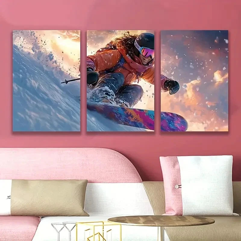 3pcs Vibrant Snowboarder Action Wall Art Set Canvas Framed 50x70cm - High Quality Print 100% Australian Made Wall Canvas Ready to Hang