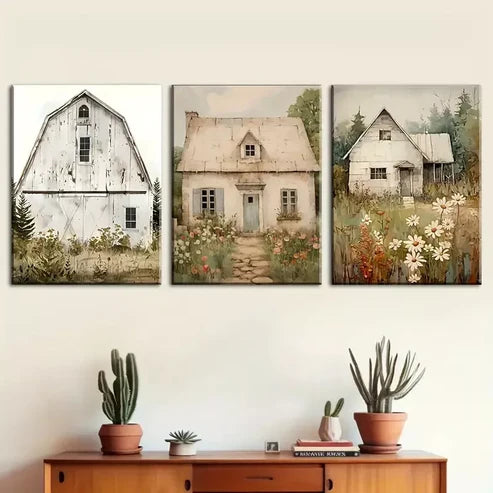 3pcs Vintage Farmhouse And Rural Architecture Wall Art Canvas Unframed - High Quality Print 100% Australian Made Wall Canvas