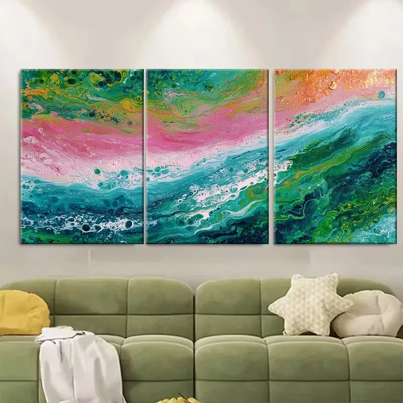 3pcs Emerald beach painting, Impressionism Metal Print Ready to Hang Art