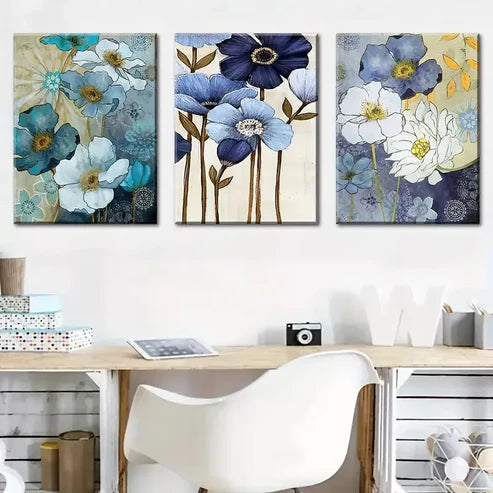3pcs Abstract floral blue for Lotus Flowers Wall Art Canvas Unframed - High Quality Print 100% Australian Made Wall Canvas - Bella Home Decor