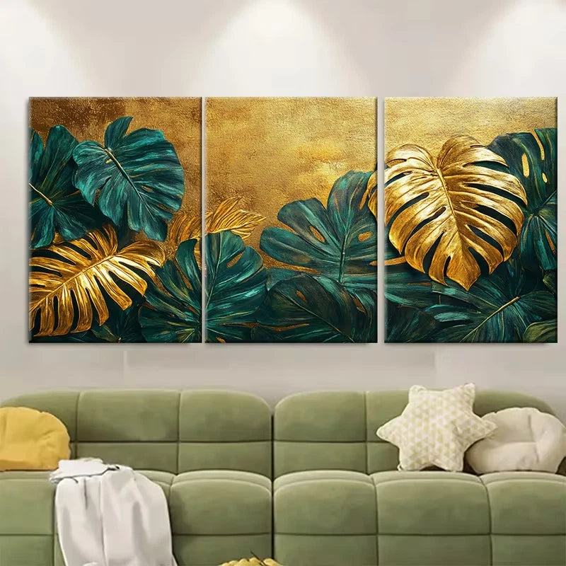 3pcs Luxury Golden Green Tropical Leaves Metal Print Ready to Hang Art