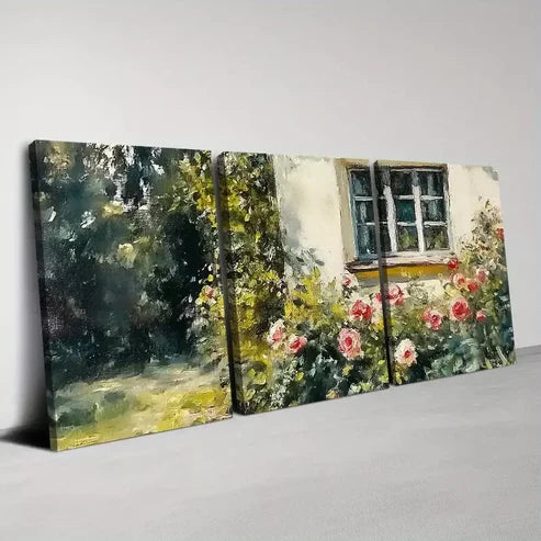 3pcs Retro Beautiful Garden with Floral Painting Wall Art Canvas Unframed - High Quality Print 100% Australian Made Wall Canvas