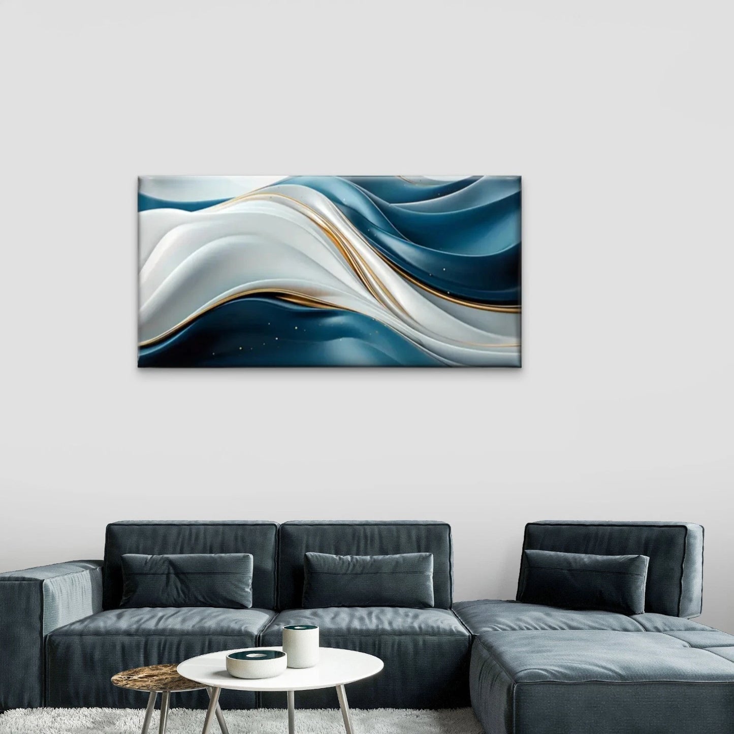 Blue White Abstract Golden Wall Art Canvas Office Home Room Framed 120x60cm