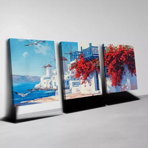 3pcs Seaside View Red Floral & Seagull Wall Art Canvas Unframed - High Quality Print 100% Australian Made Wall Canvas