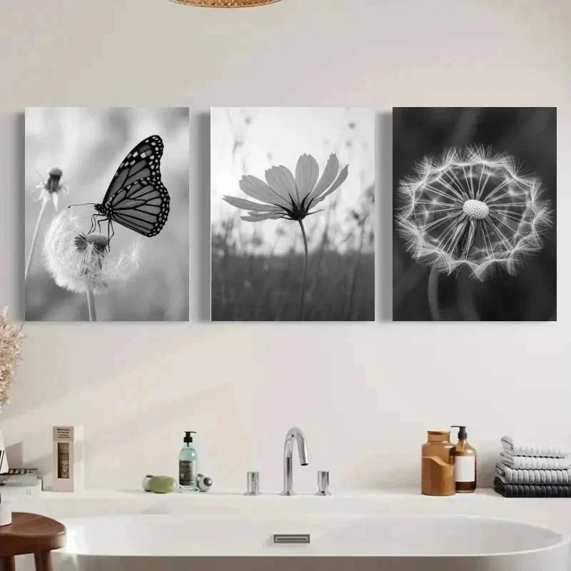 3pcs Butterfly, Dandelion, Wildflower B and W Wall Art Set Canvas Framed 50x70cm - High Quality Print 100% Australian Made Wall Canvas Ready to Hang - Bella Home Decor