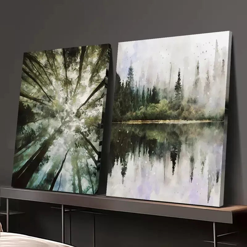 2pcs Sage Green Art, Vintage Forest Mountain Mural Framed 50x75cm - High Quality Print 100% Australian Made Wall Canvas Ready to Hang - Bella Home Decor