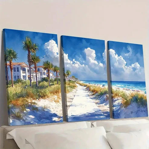 3pcs Seaside Beach Scene with Palm SB Wall Art Set Canvas Unframed - High Quality Print 100% Australian Made Wall Canvas