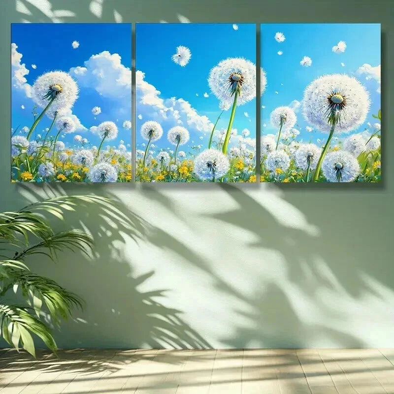 3pcs White dandelion Painting Wall Art Set Canvas Framed 50x70cm - High Quality Print 100% Australian Made Wall Canvas Ready to Hang