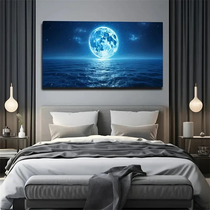 Blue Full Moon On The Sea Wall Art Canvas Office Home Room Framed 120x60cm