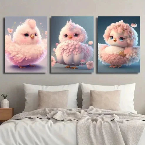 3pcs Adorable Pink Chick with Floral Accents Wall Art Canvas Unframed - High Quality Print 100% Australian Made Wall Canvas - Bella Home Decor