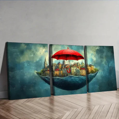 3pcs City view under a red umbrella Wall Art Set Canvas Unframed - High Quality Print 100% Australian Made Wall Canvas - Bella Home Decor