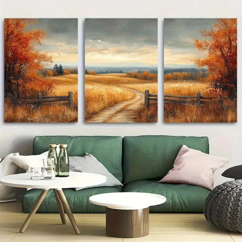 3pcs Rustic Autumn Countryside Fall Field Metal Print Ready to Hang Art