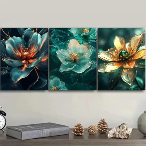 3pcs Flower Designs in Blue Green & Orange Wall Art Canvas Unframed - High Quality Print 100% Australian Made Wall Canvas - Bella Home Decor