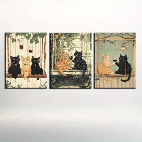 3pcs Contemporary Cat Illustrations Wall Art Canvas Unframed - High Quality Print 100% Australian Made Wall Canvas - Bella Home Decor