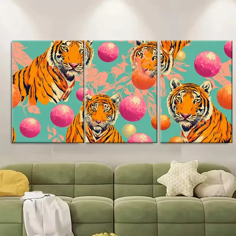 3pcs Vibrant Tiger & Disco Balls Metal Print Ready to Hang Art