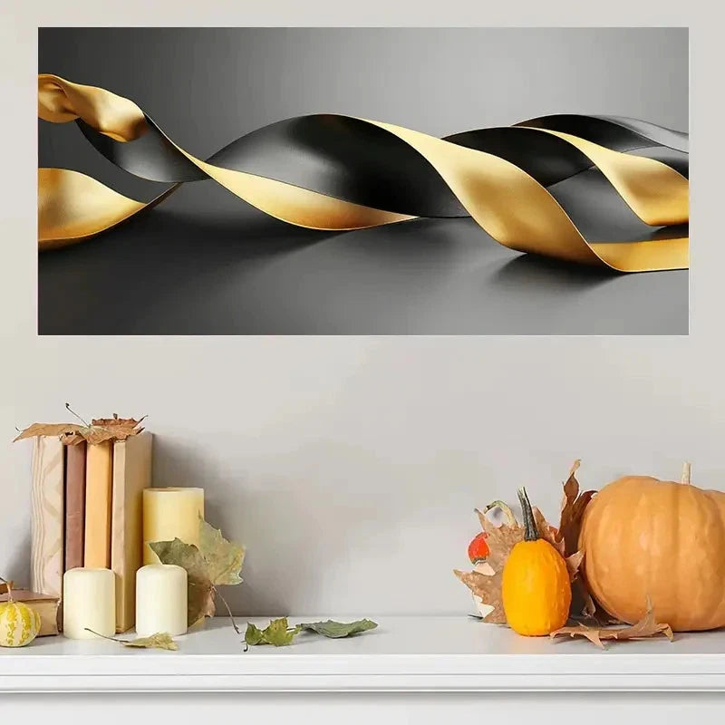 Golden Black Ribbon Modern Wall Art Canvas Office Home Room Framed 120x60cm