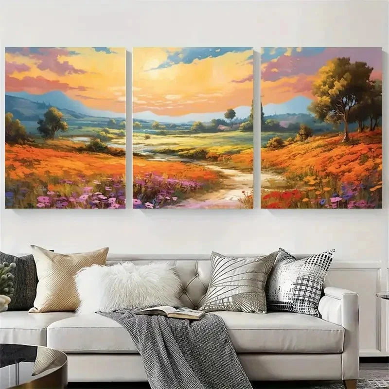 3pcs Golden Wildflower Path Sunset Meadow Wall Art Set Canvas Framed 60x90cm - High Quality Print 100% Australian Made Wall Canvas Ready to Hang