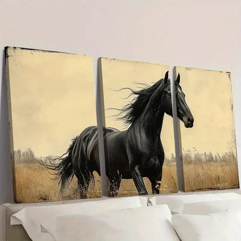 3pcs Vintage Black Horse Prints A Wall Art Canvas Unframed - High Quality Print 100% Australian Made Wall Canvas