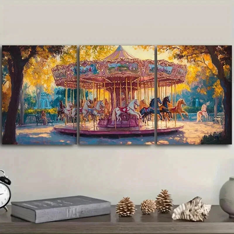 3pcs Pink Carousel Design Wall Art Set Canvas Framed 50x70cm - High Quality Print 100% Australian Made Wall Canvas Ready to Hang