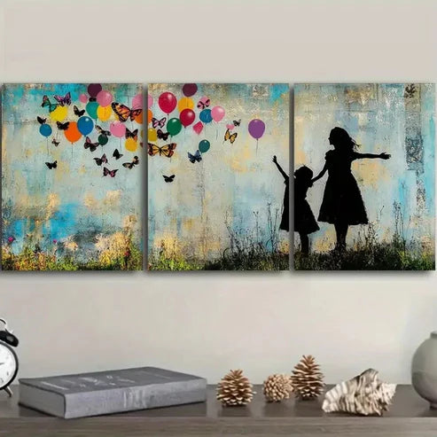 3pcs Little girl and butterfly balloon Wall Art Set Canvas Unframed - High Quality Print 100% Australian Made Wall Canvas