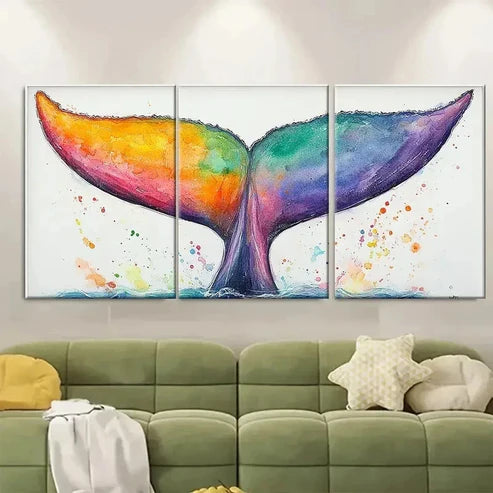 3pcs Rainbow Whale Tail Watercolor Art Wall Art Set Canvas Unframed - High Quality Print 100% Australian Made Wall Canvas - Bella Home Decor