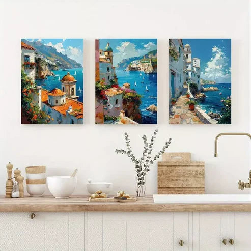 3pcs Italy Coastal Travel Wall Art Canvas Unframed - High Quality Print 100% Australian Made Wall Canvas