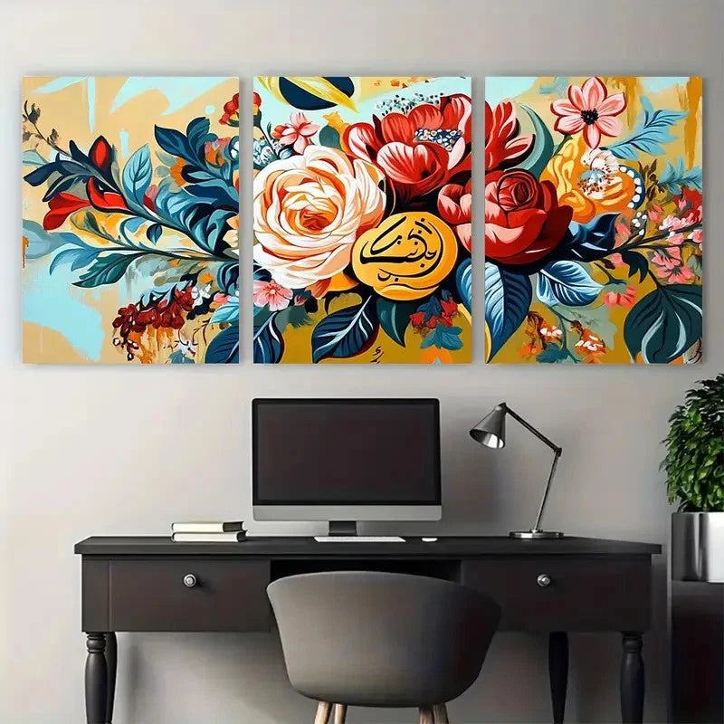 3pcs Vibrant Floral Calligraphy Décor Perfect Wall Art Set Canvas Framed 40x60cm - High Quality Print 100% Australian Made Wall Canvas Ready to Hang