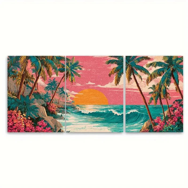 3pcs Puerto Rico Beach Scenery Illustration Wall Art Set Canvas Framed 60x90cm - High Quality Print 100% Australian Made Wall Canvas Ready to Hang