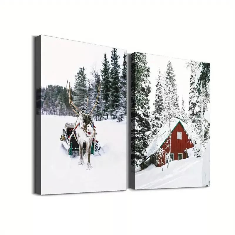 2pcs Winter Wonderland Snowy Trees Deer Framed 50x75cm - High Quality Print 100% Australian Made Wall Canvas Ready to Hang - Bella Home Decor