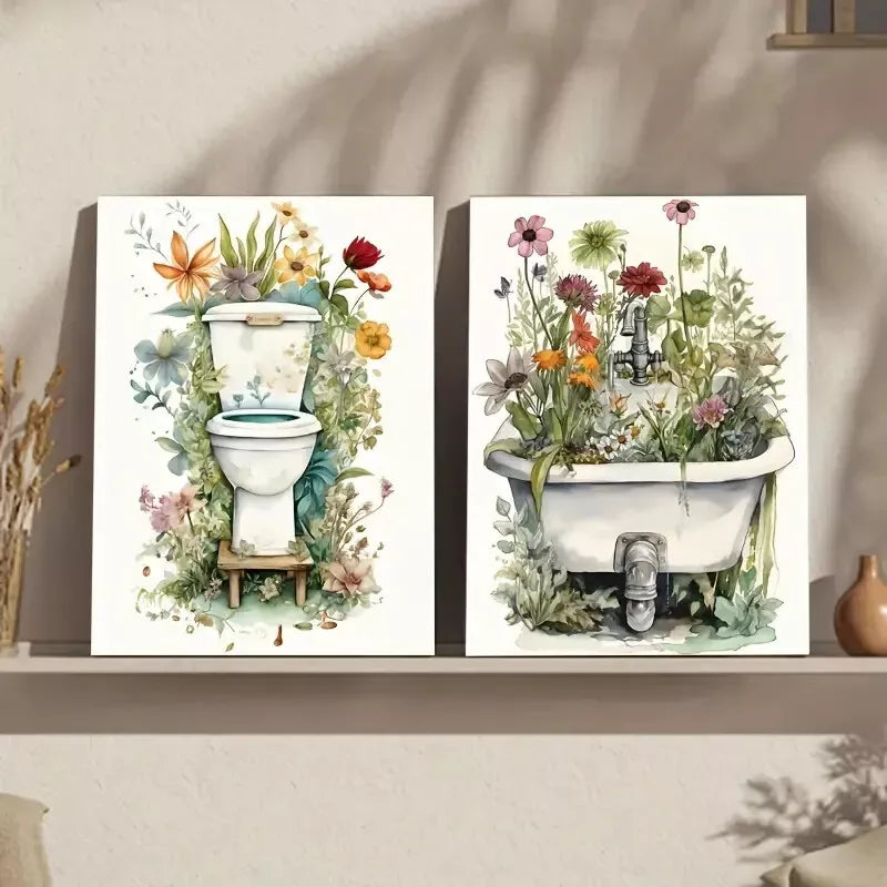 2pcs Floral Bathroom Floral Botanical Wildflower Framed 50x75cm - High Quality Print 100% Australian Made Wall Canvas Ready to Hang