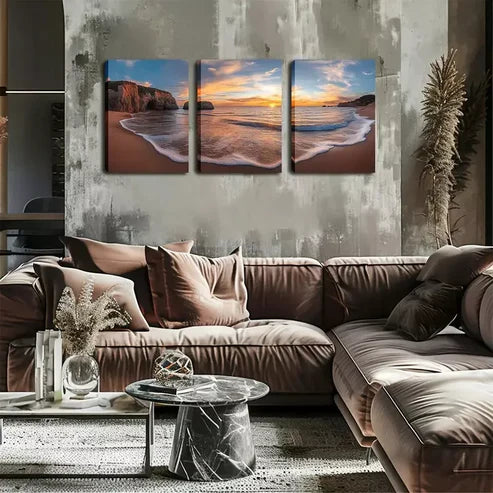 3pcs Stunning White Waves, Sea Level Sunset Wall Art Set Canvas Unframed - High Quality Print 100% Australian Made Wall Canvas