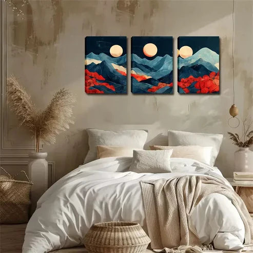 3pcs Abstract Mountain, 3 Moon Wall Art Canvas Unframed - High Quality Print 100% Australian Made Wall Canvas - Bella Home Decor