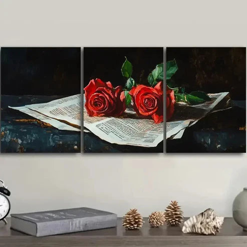 3pcs Red roses from the newspaper Wall Art Set Canvas Unframed - High Quality Print 100% Australian Made Wall Canvas