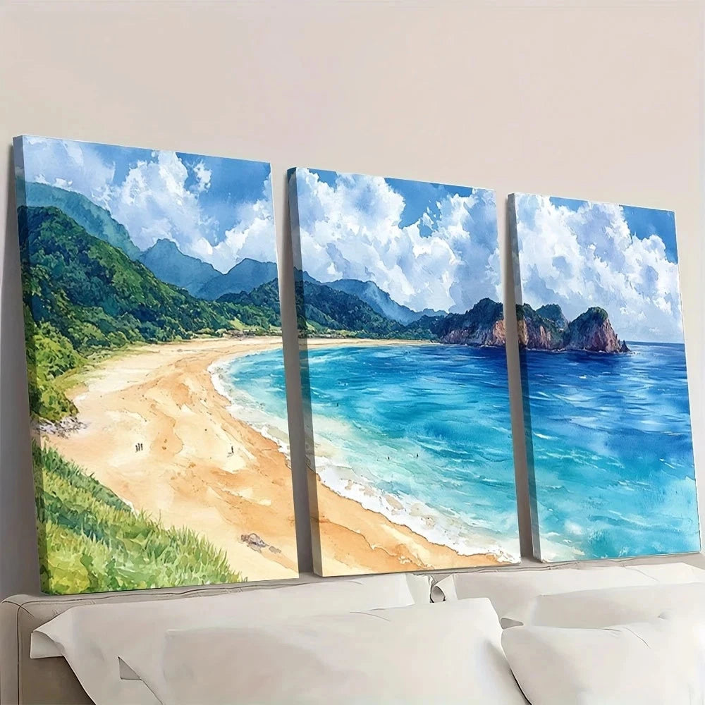 3pcs Sandy Beach Watercolor Coastal Scene Wall Art Set Canvas Framed 60x90cm - High Quality Print 100% Australian Made Wall Canvas Ready to Hang