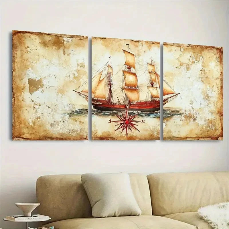 3pcs Vintage Nautical Ship and Compass Rose Wall Art Set Canvas Framed 60x90cm - High Quality Print 100% Australian Made Wall Canvas Ready to Hang - Bella Home Decor