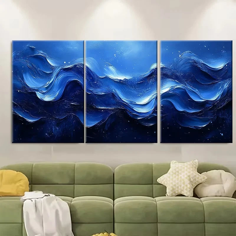 3pcs Elegant Blue Abstract Flowing Artwork Metal Print Ready to Hang Art