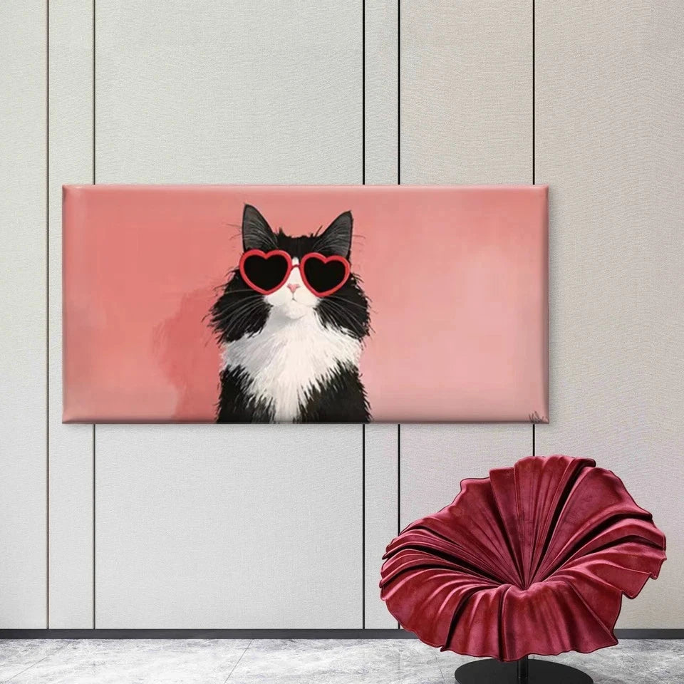 Cat with Heart Fashion Glasses Wall Art Canvas Office Home Room Framed 120x60cm