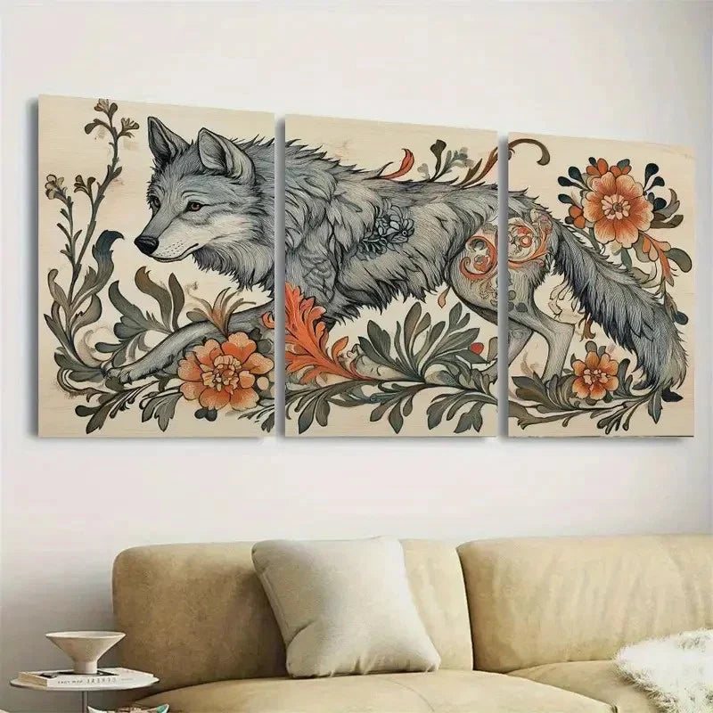 3pcs Nouveau Gray Wolf Wall Art Set Canvas Unframed - High Quality Print 100% Australian Made Wall Canvas