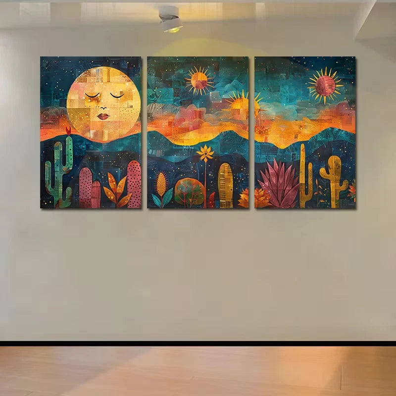 3pcs Whimsical Moon, Sun, Cacti & Floral Design Wall Art Set Canvas Framed 60x90cm - High Quality Print 100% Australian Made Wall Canvas Ready to Hang